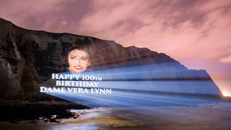 A Dame Vera Lynn portrait projected onto the White Cliffs of Dover for her 100th birthday