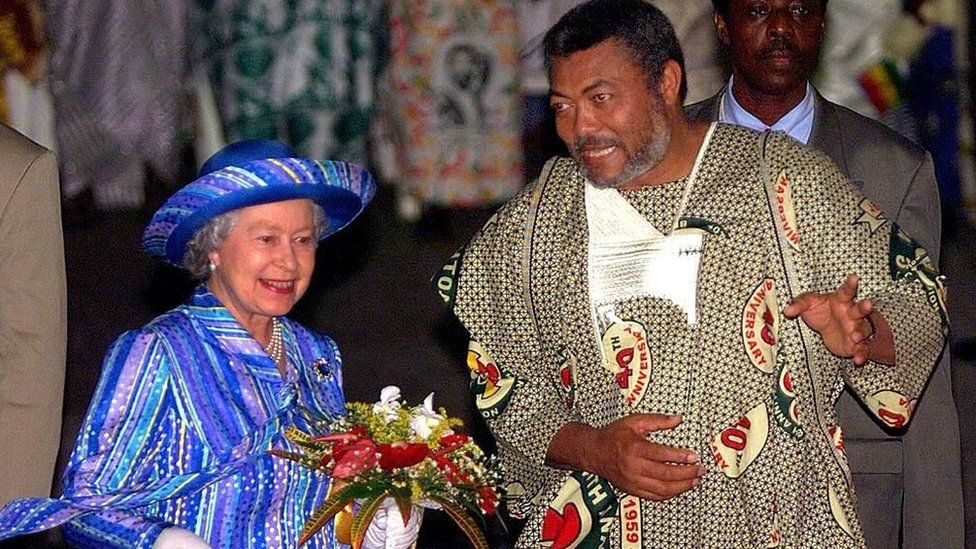 Queen Elizabeth and Jerry Rawlings during the Queen's state visit to the former British colony in 1999