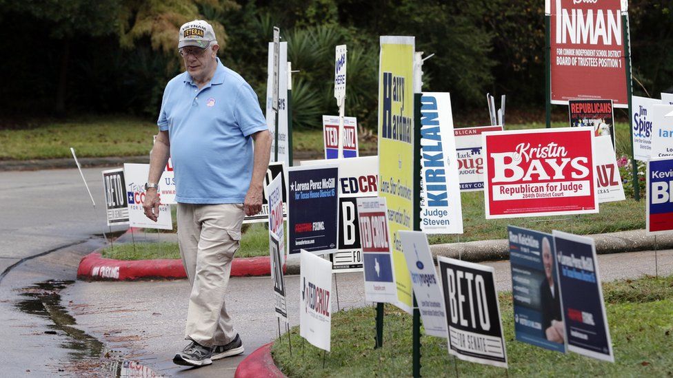 a voter walks past campaign signs