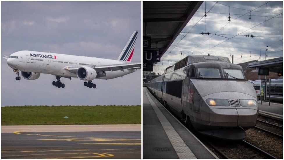 A composite representation  showing an Air France Boeing 777 and a high-speed TGV train