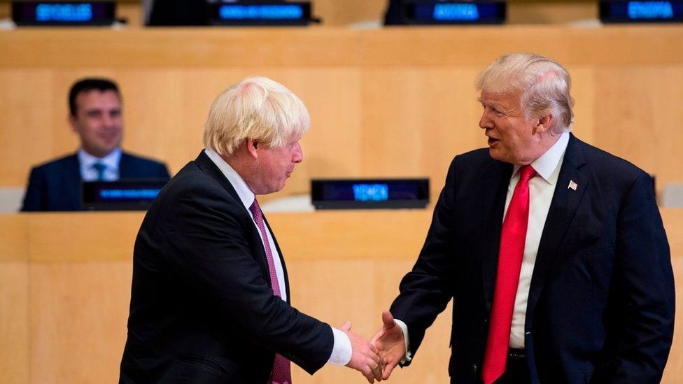 Boris Johnson greets Donald Trump at a UN meeting in 2017