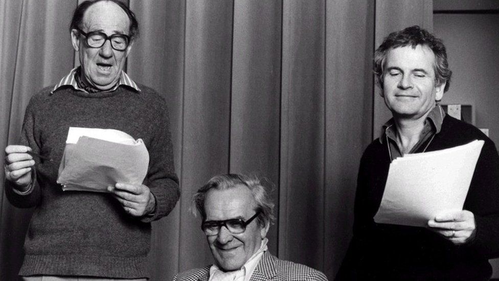 Michael Hordern, John Le Mesurier and Ian Holm recording The Lord of the Rings