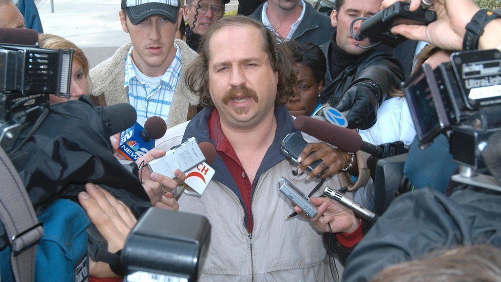 Kirk Jones speaks to the media as he leaves court on October 23, 2003, in St Catherine's, Ontario