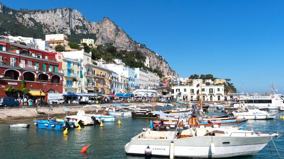 Boats moored at Marina Grande on the isle of Capri in the Gulf of Naples, Italy