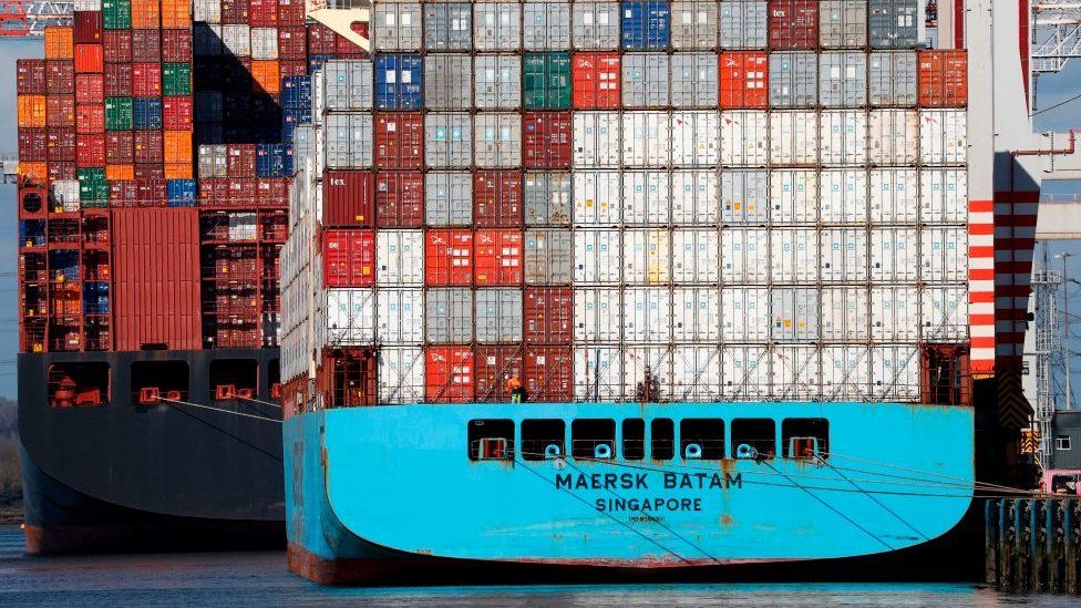 The container ship Maersk Batam is loaded in the Port of Southampton.