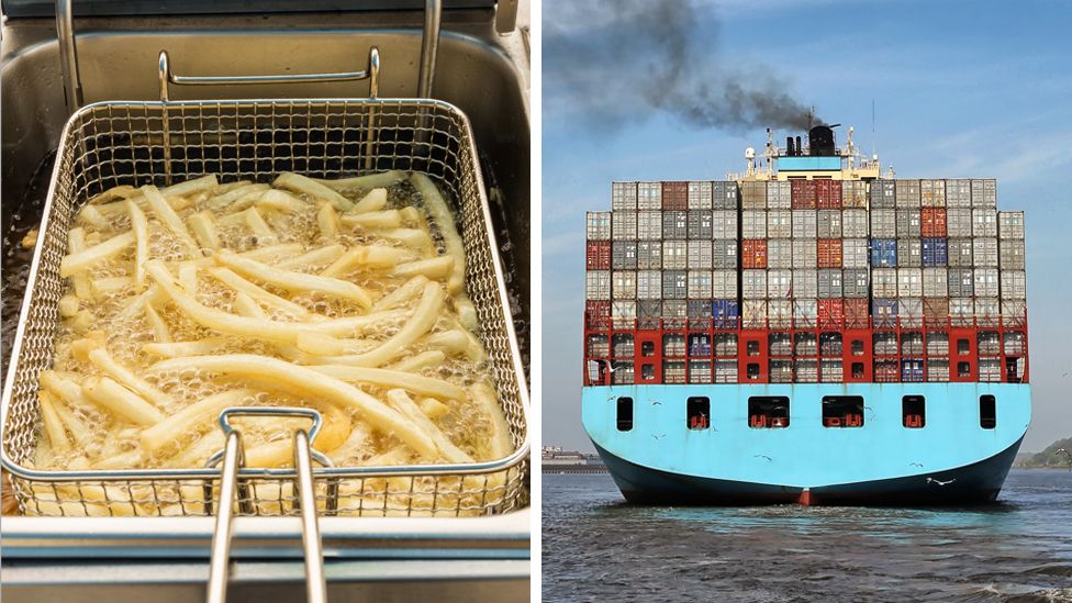 Composite of chips in a fryer and a cargo ship emitting smoke