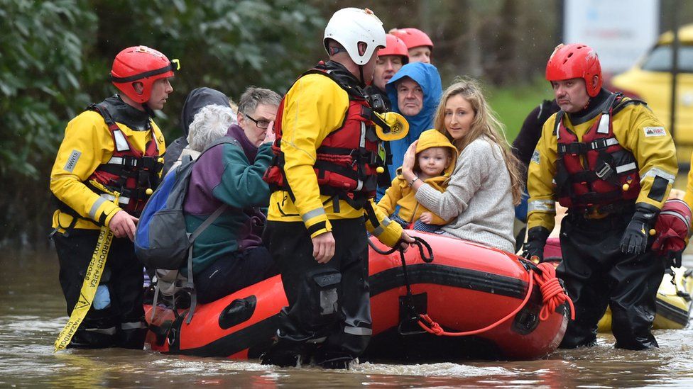 A picture of a group a group of people, including a small child, in rescue boat after flooding in Wales, with rescue workers