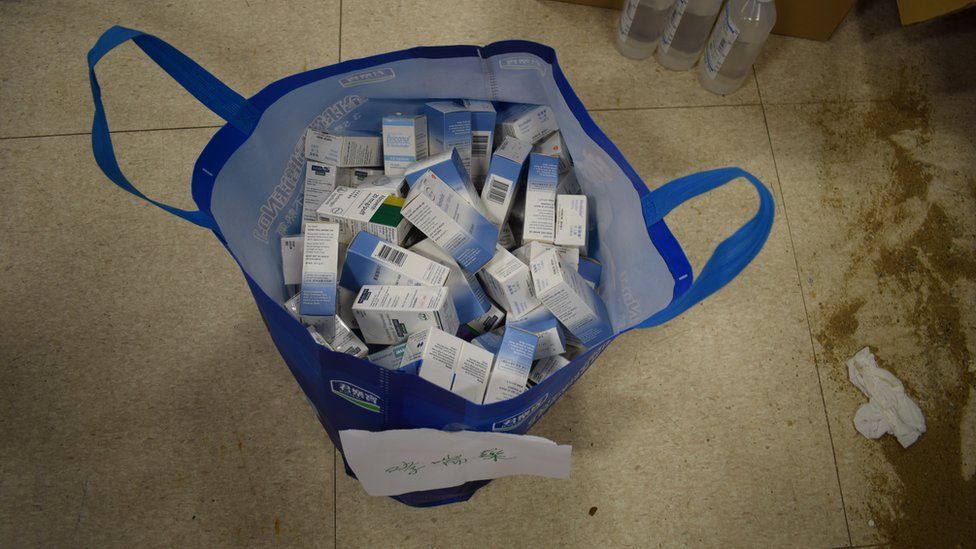 A big bag of inhalers being prepared by student activists