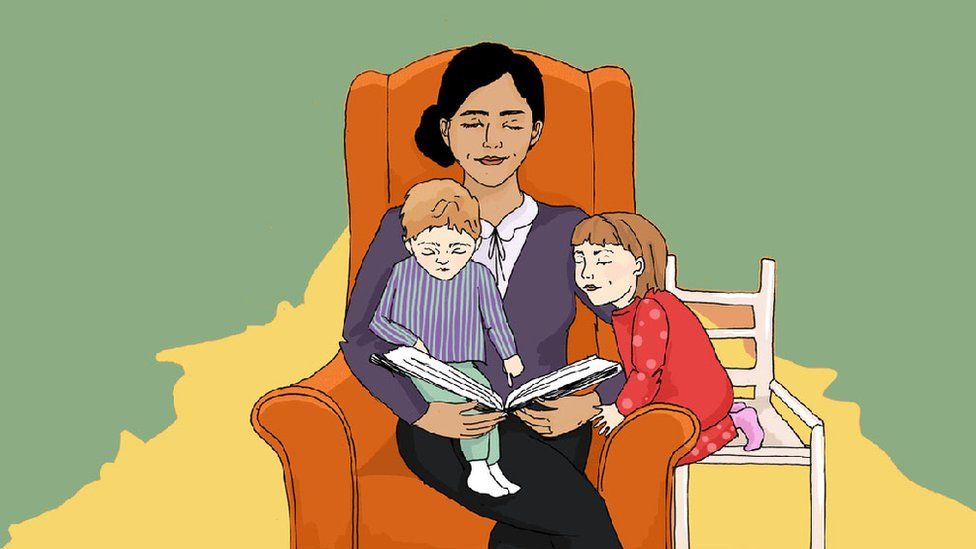 Graphic showing woman reading a story to two children