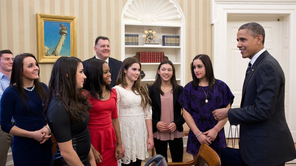 "Fierce Five" olympic gymnasts in the oval office with Obama