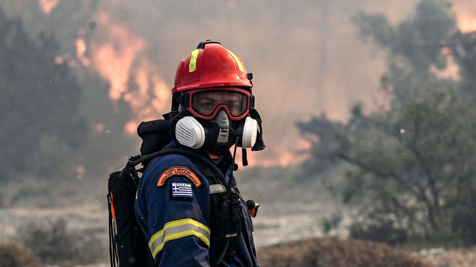 A firefighter near the village of Vati, Rhodes