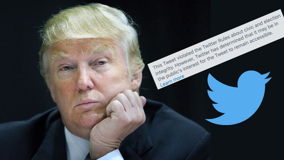 President Donald Trump with a Twitter logo and a screenshot of the warning message on his tweet