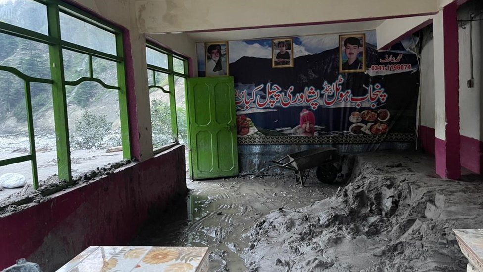 The inside of a restaurant damaged by the floods in Manoor valley, Khyber Pakhtunkhwa