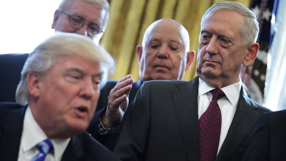 James Mattis looks at US President Donald Trump as he speaks during a meeting at the White House in Washington in, March 2017