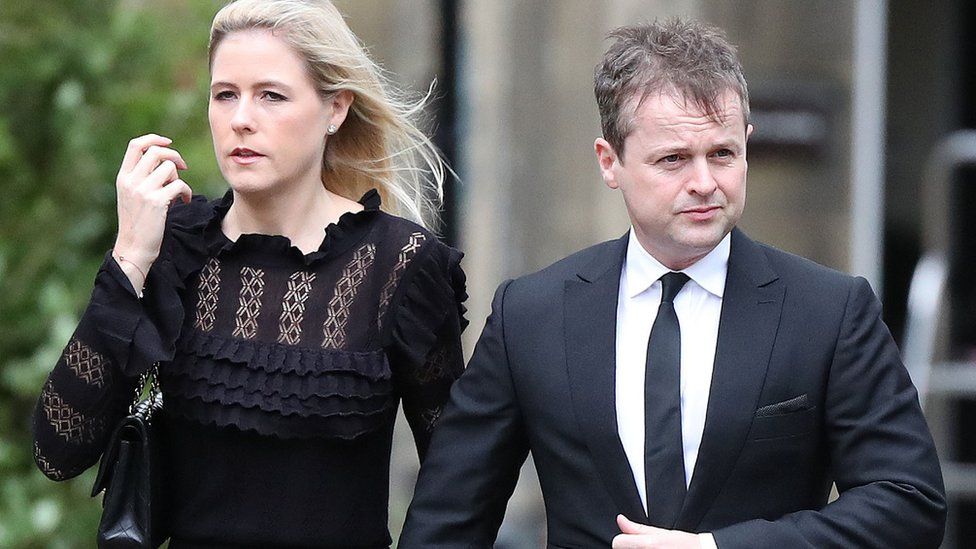 Declan Donnelly and his wife Ali Astall arrive for the funeral service of former Newcastle United chairman Freddy Shepherd