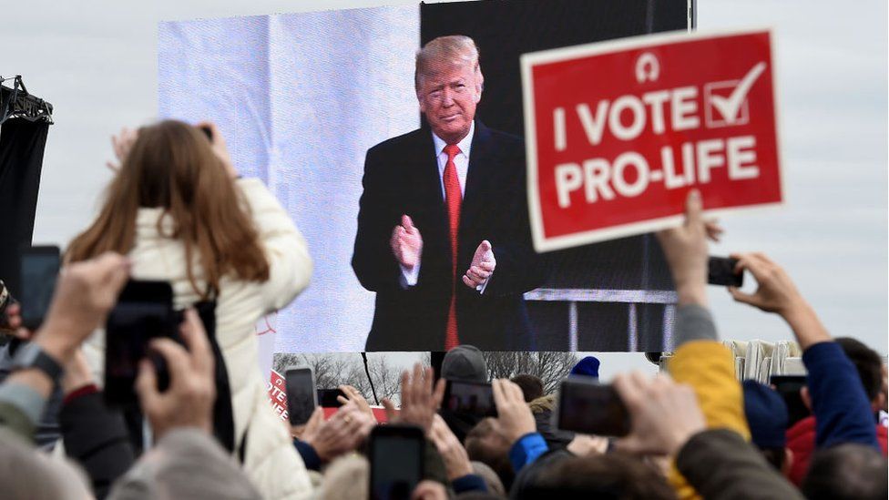 Pro-life demonstrators listen to US President Donald Trump as he speaks at the 47th annual "March for Life" in Washington, DC, on January 24, 2020