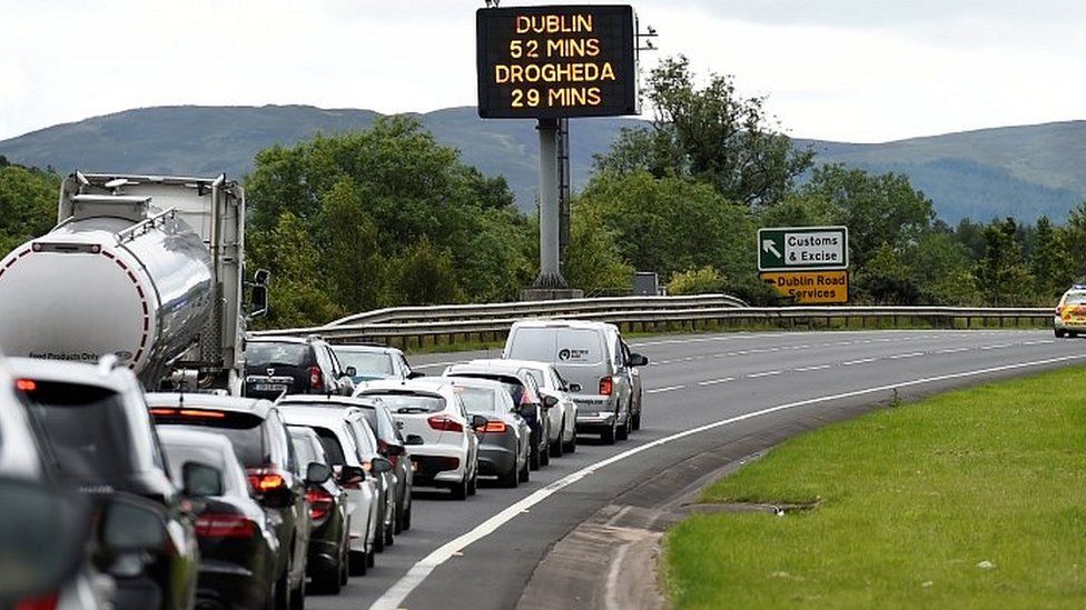 Traffic jam on approach to border between Northern Ireland and Republic of Ireland