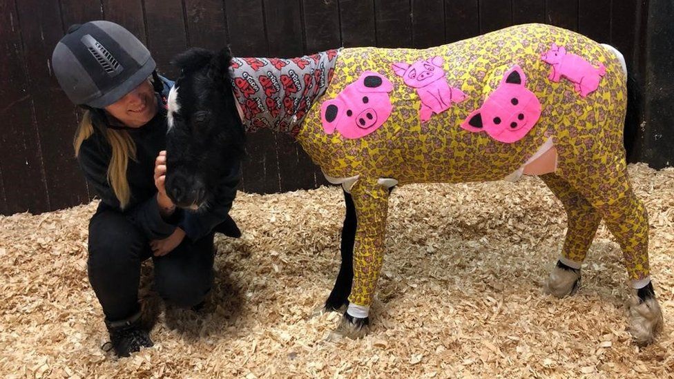 Phoenix wrapped in bandages which are then covered in a colourful yellow and pink wrap depicting pigs faces