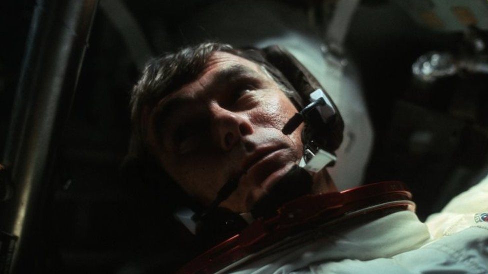 Gene Cernan in the Command Module during the outbound trip from the moon during the Apollo 17 mission. Photo: December 1972