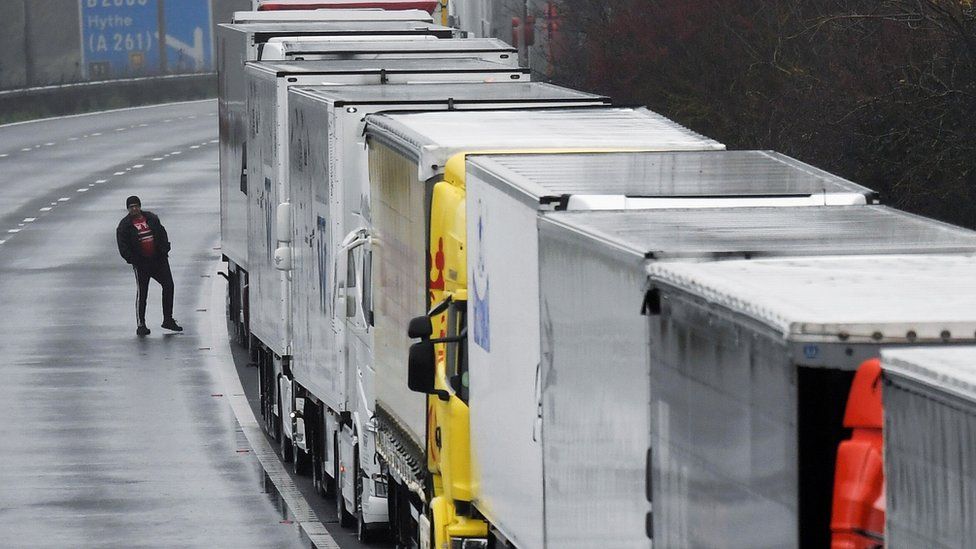 Lorries queuing to get into Dover on 21 December 2020