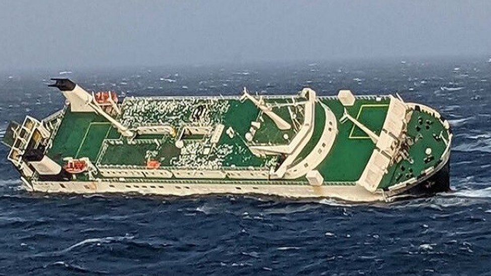Photo provided by Iran's Ports and Maritime Organisation that shows the stricken Al Salmy 6 before it went down in the Gulf (17 March 2022)