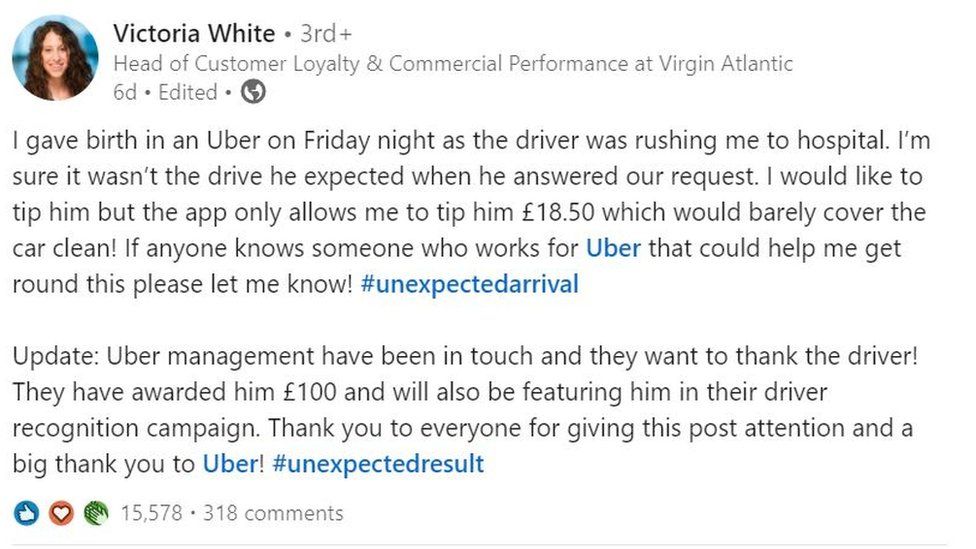 Ms White's post on LinkedIn where she describes what happened