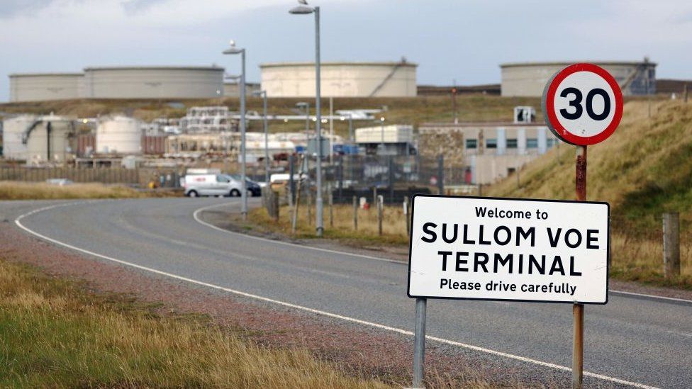 A general view of Sullom Voe Terminal, an oil and gas terminal in the Shetland Islands, north of Scotland on September 8, 2021. -