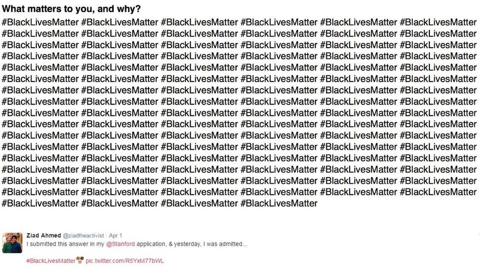 "I submitted this answer in my @Stanford application, & yesterday, I was admitted..." @ZiadAhmed posted, along with a screengrab of the question "What matters to you, and why?" and the answer: #BlackLivesMatter written out 100 times.