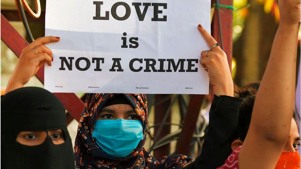 Protesters against the "love jihad" law