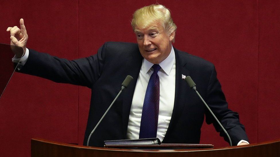 US President Donald Trump speaks at the National Assembly on 8 November 2017 in Seoul, South Korea