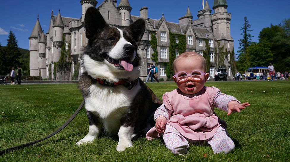 Joy Stephen, 6 months, with her corgi Marvin on the front lawn at Balmoral during an event with the Corgi Society of Scotland to mark Queen Elizabeth II's Platinum Jubilee. The castle in Aberdeenshire is the 19th Century holiday home where the Queen and members of the Royal Family spend their traditional holidays between August and September each year.