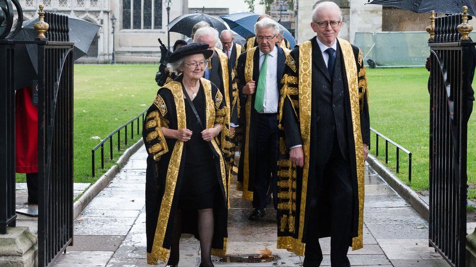 Justices of the Supreme Court including Lord Reed (R), who becomes the next president of the Supreme Court in January and President of the Supreme Court Baroness Hale of Richmond (L) attend the annual Judges Service at the Westminster Abbey marking the beginning of the new legal year on 01 October, 2019