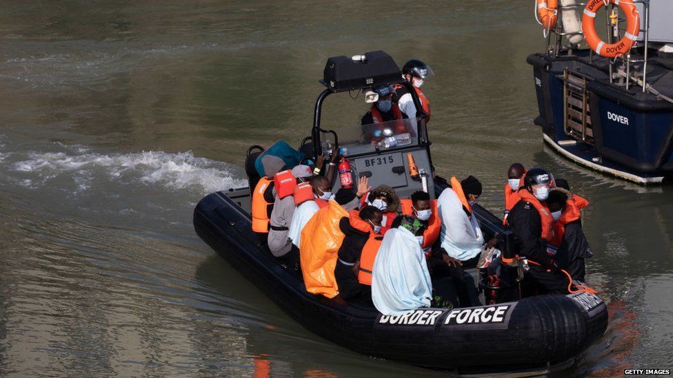 Migrants on a Border Force dinghy