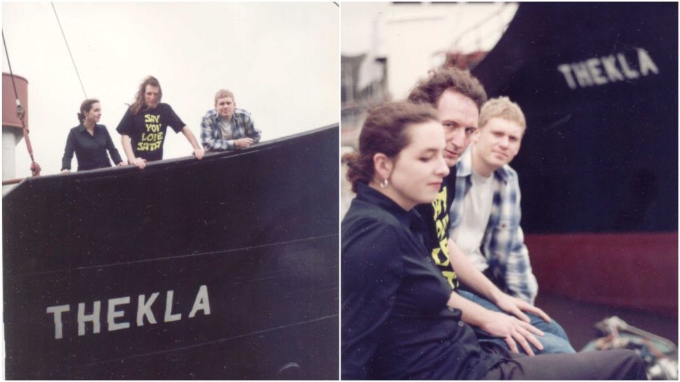 Two images of a woman and two men - in one photo they are standing on Thekla with the logo below them, in the other they are sitting next to it