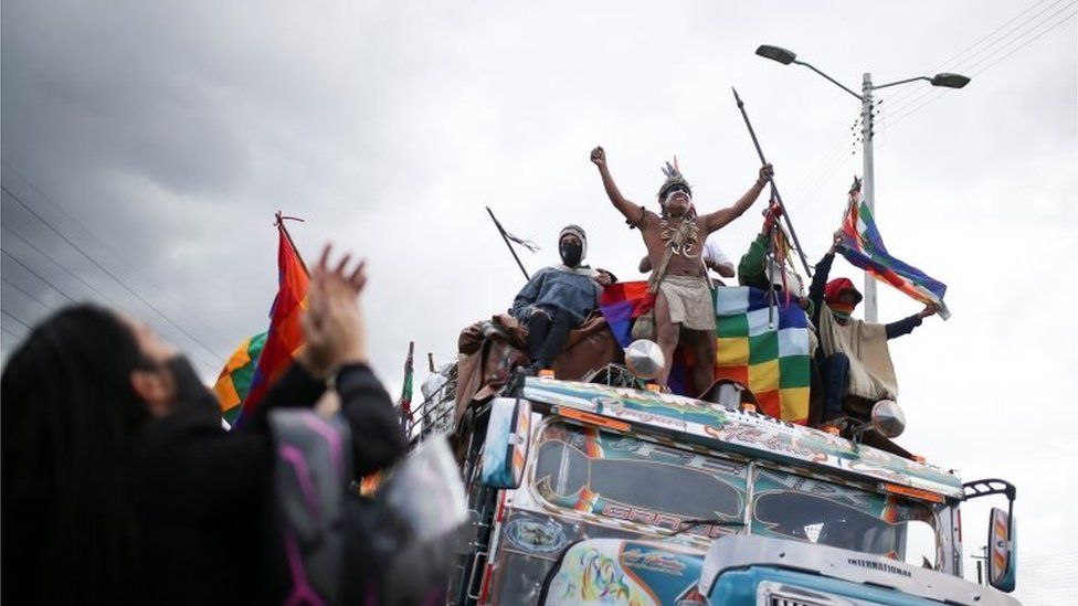 Colombian indigenous people travel on a bus to participate in a protest to ask the Colombian government for security in their territories and to stop massacres and murders of social leaders, during an indigenous meeting called "Minga" in Cundinamarca, Colombia October 18, 2020