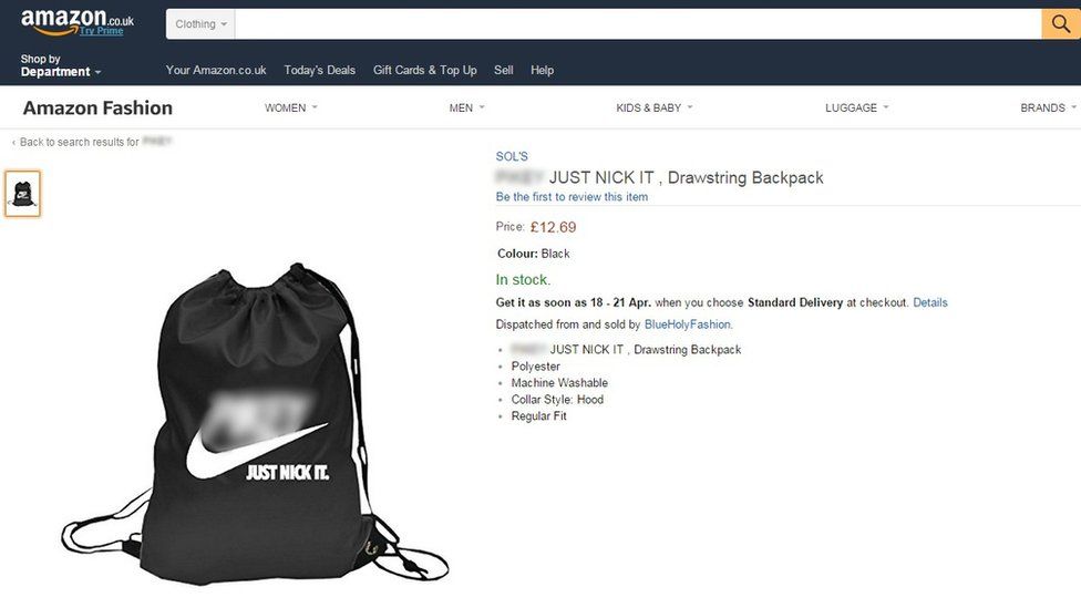 Screengrab of Amazon draw string bag for sale (offensive language blurred)