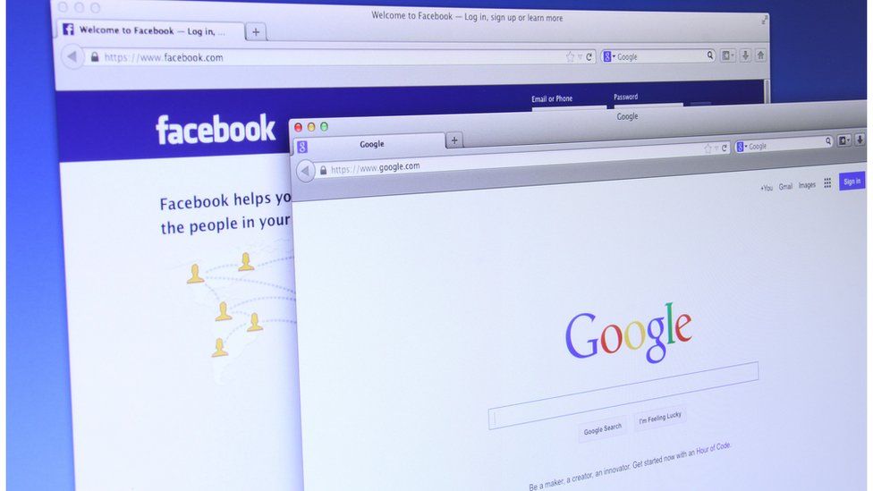 Facebook and Google open in web browser windows