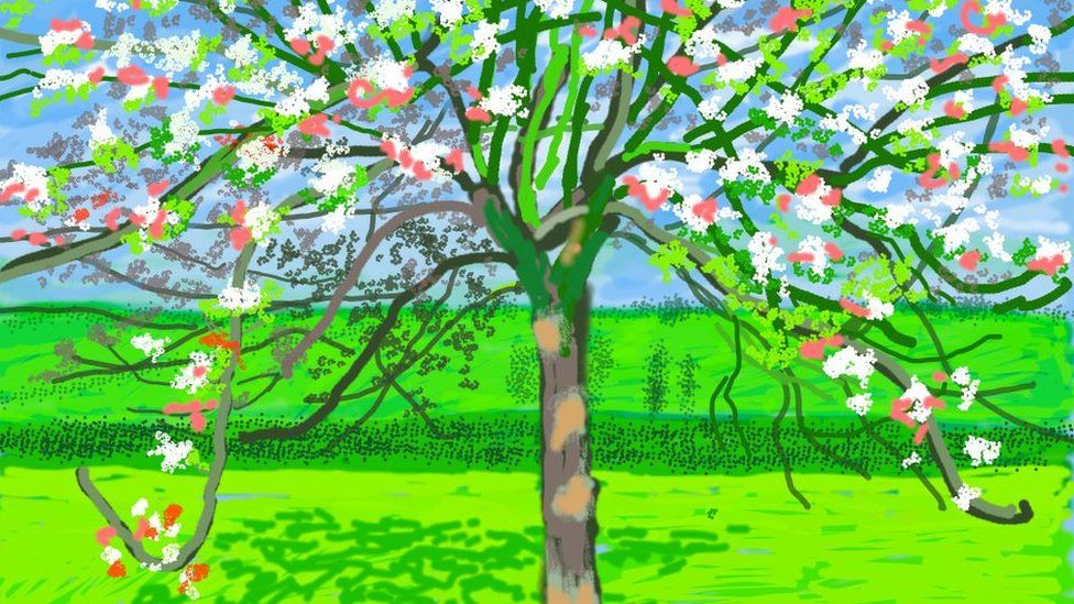 David Hockney, 17th April 2020, i pad painting of tree with flowers