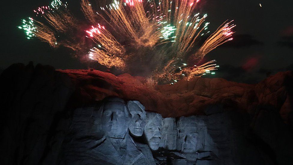A fireworks display over Mount Rushmore
