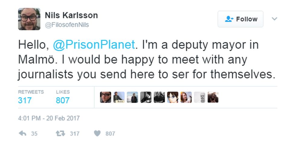 @FilosofenNils tweeted: "Hello, @PrisonPlanet. I'm a deputy mayor in Malmo. I would be happy to meet with any journalists you send here to see for themselves".