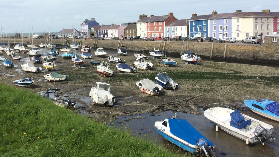 A view of Aberaeron harbour at low tide