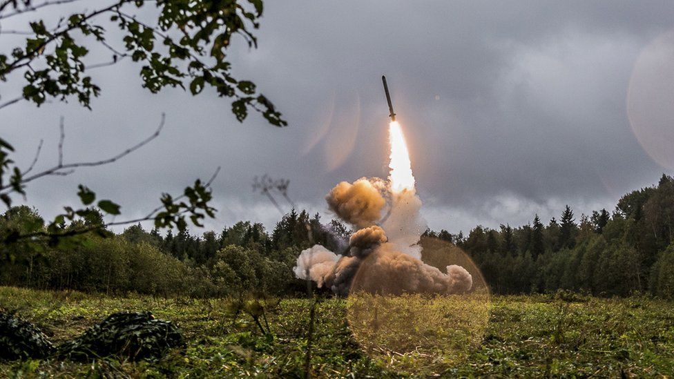 A Russian tactic missile Iskander -M launches from a green field site near St Petersburg