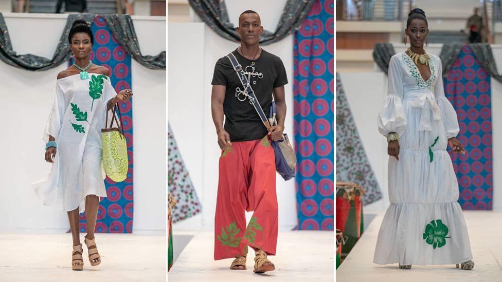 Models show off clothes designed by Michel Chataigne