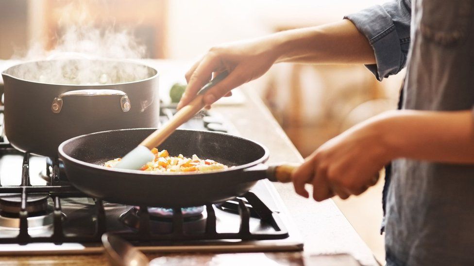 Food cooking in a frying pan