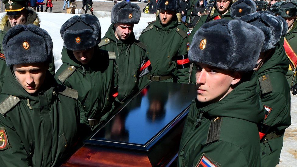 Soldiers carry the coffin of 20-year-old Russian serviceman Nikita Avrov, during his funeral at a church in Luga some 150kms south of Saint Petersburg on April 11, 2022, after his death on March 27, during the ongoing Russian invasion of Ukraine