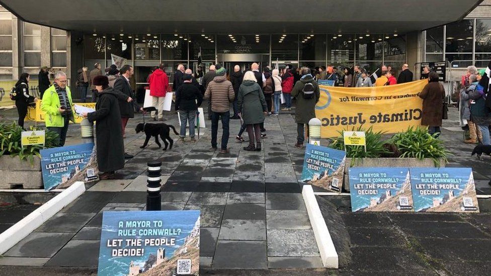 Protesters gathered outside County Hall in Truro