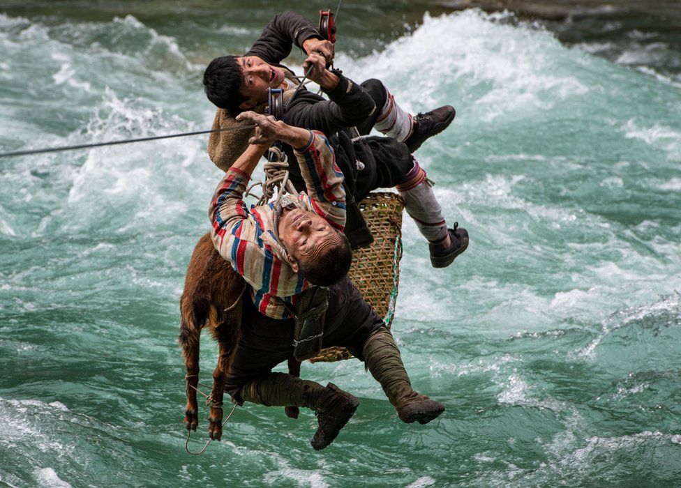 Two men and an animal travel along a zip line over a strong river
