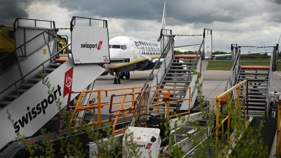 Swissport stairs and other ground equipment by a Ryanair jet at Manchester Airport in May