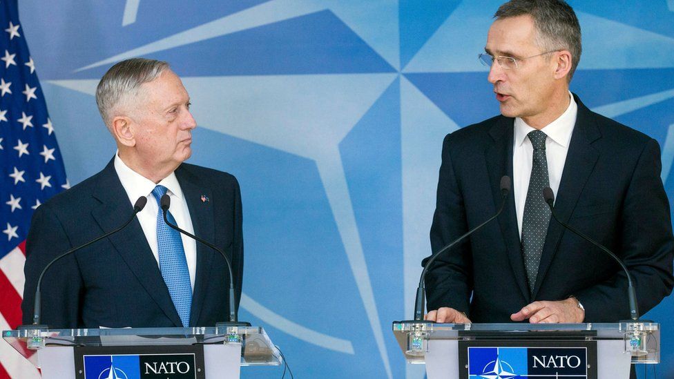 US Defence Secretary James Mattis and NATO Secretary General Jens Stoltenberg give a press conference during the NATO Defense Ministers Council at the alliance"s headquarters in Brussels