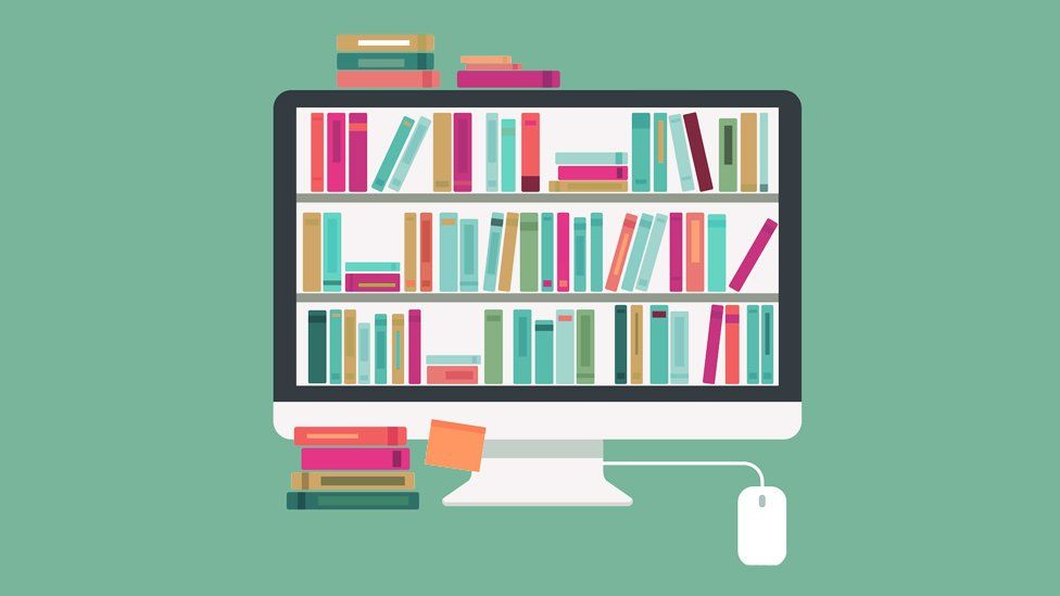 Accessing the internet in a library illustration